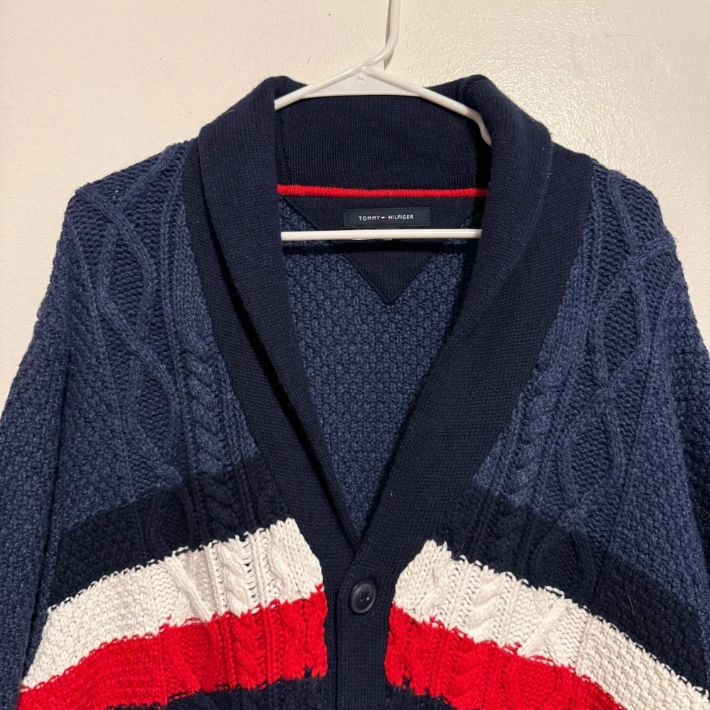 Tommy Hilfiger Navy Blue Cardigan Sweater with Red and White‎ Stripes Men’s XXL